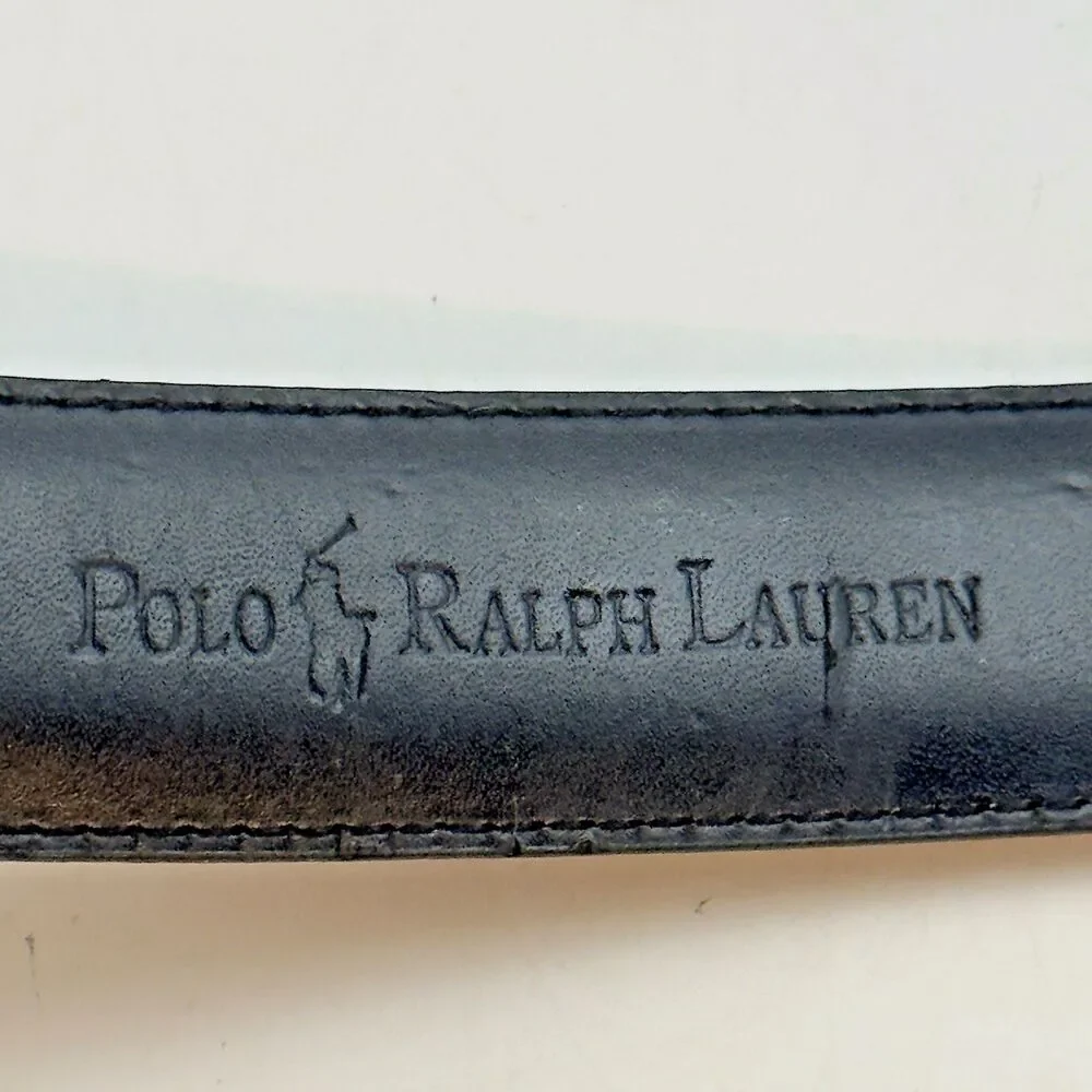 Polo Ralph Lauren Black Italian Leather Belt Men's 38 Silver Buckle & Logo FLAW